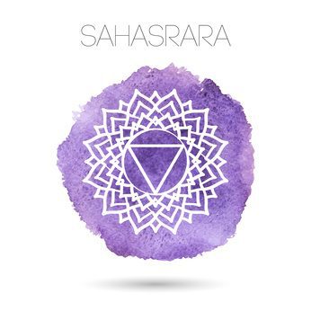 Vector isolated on white background illustration of one of the seven chakras - Sahasrara, the symbol of Hinduism, Buddhism. Watercolor hand painted texture. For design, associated with yoga and India.