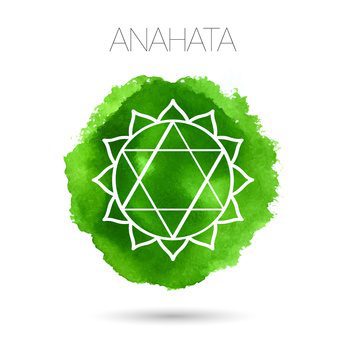 Vector isolated on white background illustration of one of the seven chakras - Anahata, the symbol of Hinduism, Buddhism. Watercolor hand painted texture. For design, associated with yoga and India.